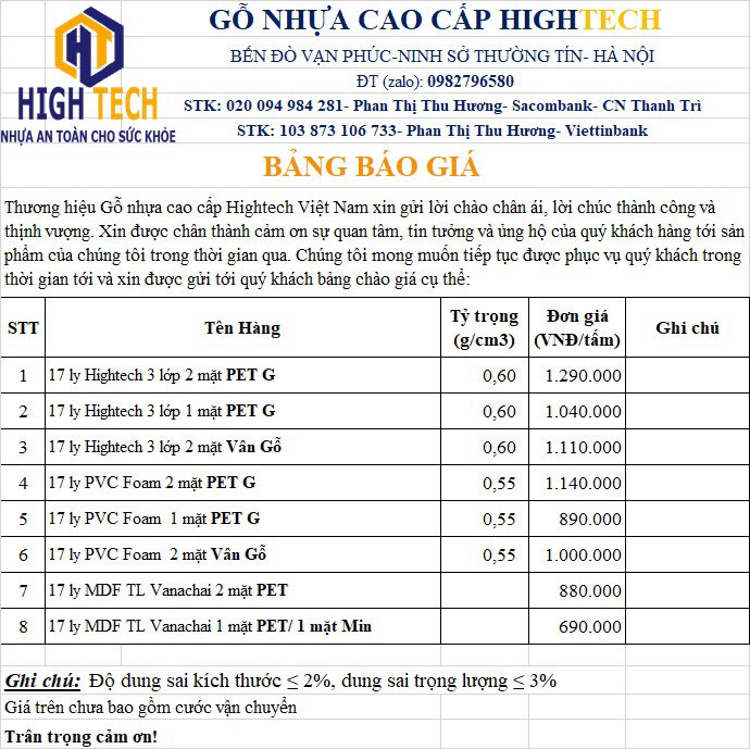 Ván gỗ nhựa cao cấp Hightech